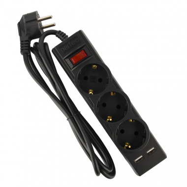 POWER-S, 2500 Вт, 1,8м, 3 розетки 10А, 2USB, двойная защита, черный POWER-S, 2500 Вт, 1,8м, 3 розетки 10А, 2USB, двойная защита, черный